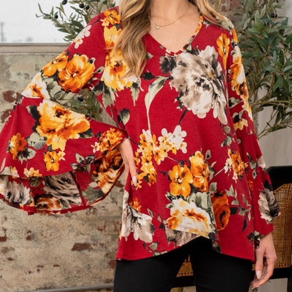 Sew In Love Burgundy Floral Bell Sleeve Blouse